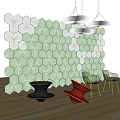 Stylish Leisure Chairs With Green White Hexagonal Pattern Wall Wooden Floor And Hanging Pendant Lights