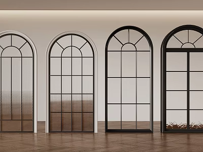 Modern Arched Windows Featuring Various Grid Patterns In Interior With Wooden Floor 3d model