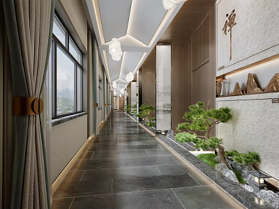 Hotel Corridor With Zen Inspired Wooden Decor Geometric Ceiling Lights And Small Rock Gardens 3d model