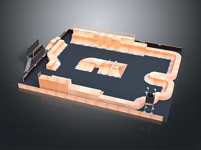Cartoon Skate Park Scene With Wooden Ramps Platforms And Black Surface 3d model