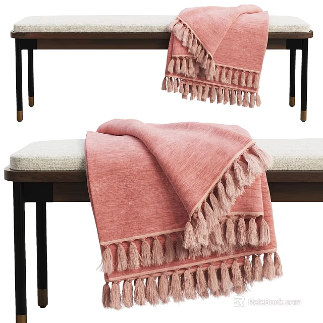 Elegant Ottoman With Pink Fringed Blanket And Upholstered Cushion On Wooden Legs 3d model 