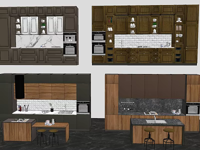 Various Kitchen Cabinet Designs With Wooden And Dark Brown Finishes And Island Counters 3d model