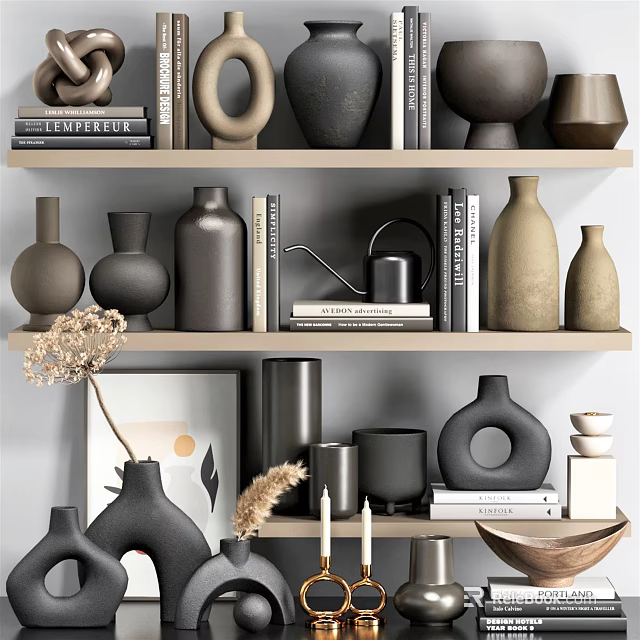 Stylish Decorative Ornament Combination Featuring Vases Books And Minimalist Shelves In Neutral Tones 3d model 