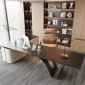 Modern Office Desk With Black Desktop Unique Curved Legs Monitor Lamp And Brown Leather Chair