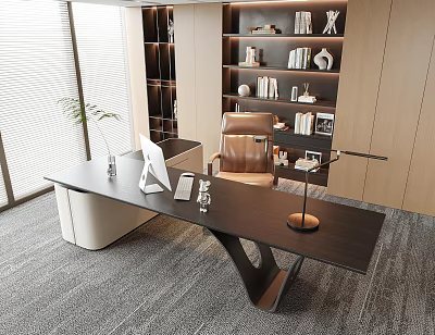 Modern Office Desk With Black Desktop Unique Curved Legs Monitor Lamp And Brown Leather Chair 3d model