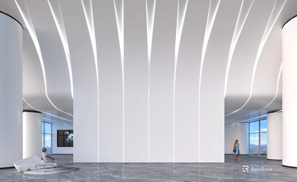 Modern Reception Area Design With White Curved Walls Lighting Marble Floor And Floor-to-Ceiling Windows 3d model 