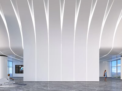 Modern Reception Area Design With White Curved Walls Lighting Marble Floor And Floor-to-Ceiling Windows 3d model