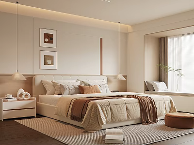 Modern Bedroom Interior Design With Bed Framed Art Pendant Lights And Soft Rug 3d model