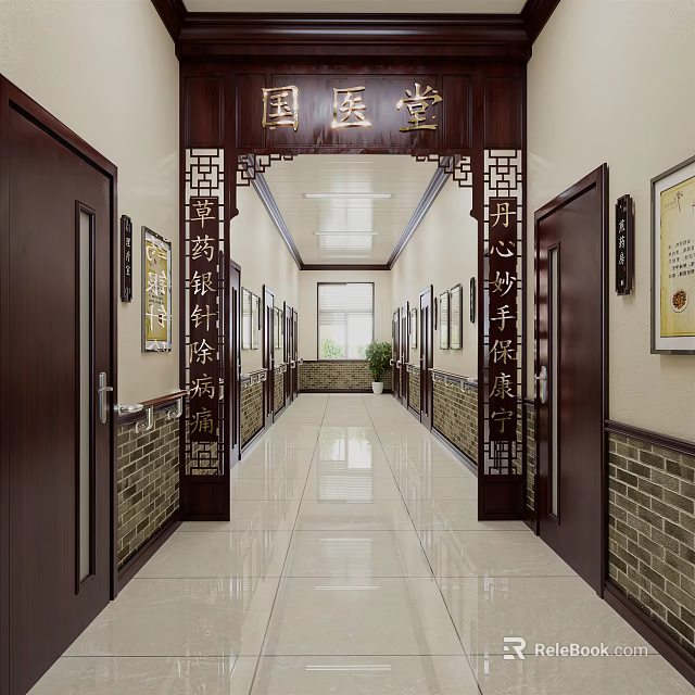 Traditional Chinese Medicine Hall Corridor With Carved Doors Calligraphy Lanterns And Brick Walls 3d model 