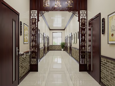 Traditional Chinese Medicine Hall Corridor With Carved Doors Calligraphy Lanterns And Brick Walls 3d model