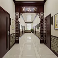Traditional Chinese Medicine Hall Corridor With Carved Doors Calligraphy Lanterns And Brick Walls