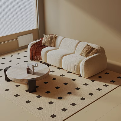 Plush Three Seater Sofa with Decorative Pillows Round Coffee Table on Black White Checkered Rug 3d model