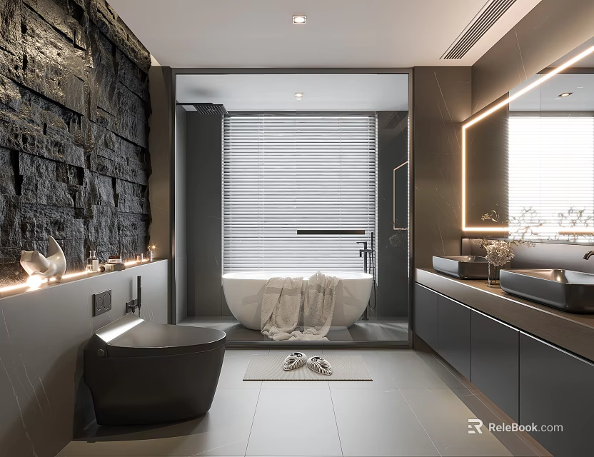 Modern Bathroom Interior Design With Black Stone Wall Bathtub Double Sinks And Grey Cabinets 3d model 