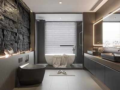 Modern Bathroom Interior Design With Black Stone Wall Bathtub Double Sinks And Grey Cabinets 3d model