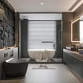 Modern Bathroom Interior Design With Black Stone Wall Bathtub Double Sinks And Grey Cabinets