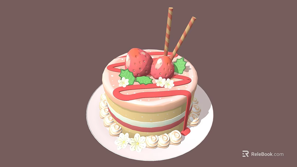 Layered Strawberry Cake With Red Frosting Cream And Flower Decorations Striped Straws On White Plate 3d model 
