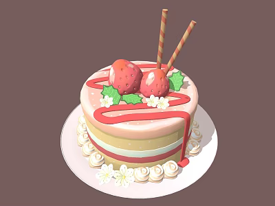 Layered Strawberry Cake With Red Frosting Cream And Flower Decorations Striped Straws On White Plate 3d model