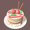Layered Strawberry Cake With Red Frosting Cream And Flower Decorations Striped Straws On White Plate