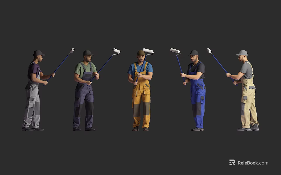 Men In Various Colored Work Overalls Holding Paint Rollers Ready To Paint 3d model 