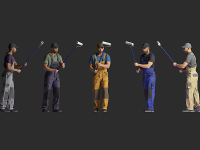 Men In Various Colored Work Overalls Holding Paint Rollers Ready To Paint 3d model