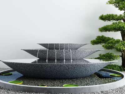 Tiered Stone Garden Fountain with Flowing Water Surrounded by Pebbles and Bonsai Pine Tree 3d model