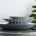Tiered Stone Garden Fountain with Flowing Water Surrounded by Pebbles and Bonsai Pine Tree