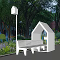 White Landscape Bench With Roofed Structure In Garden With Green Plants And Trees