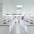 Modern Laboratory Interior With Lab Benches Bottles On Shelves And Researchers In White Coats