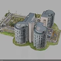Modern Residential Building Complex With Circular Cylindrical Towers And Central Green Courtyard