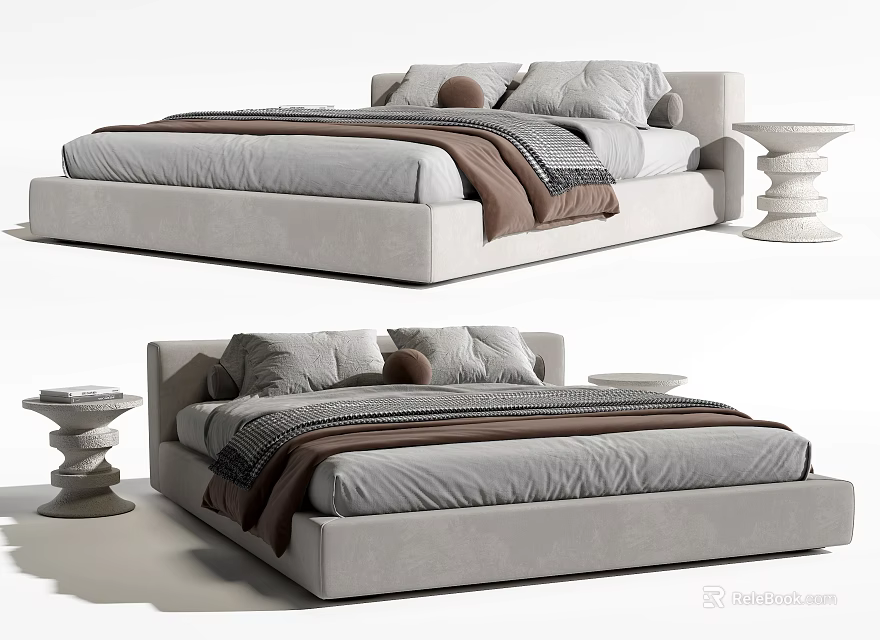 Modern Double Bed With Gray Brown Bedding Pillows And Side Table 3d model