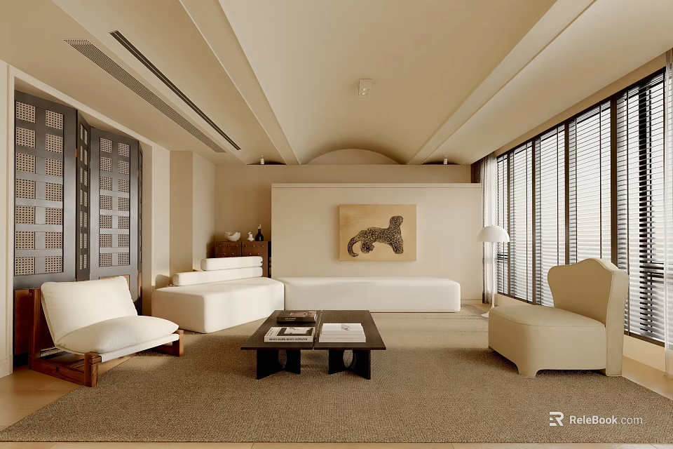 Living Room Interior Design with Beige Sofa Armchairs Dark Coffee Table Artwork and Window Blinds 3d model