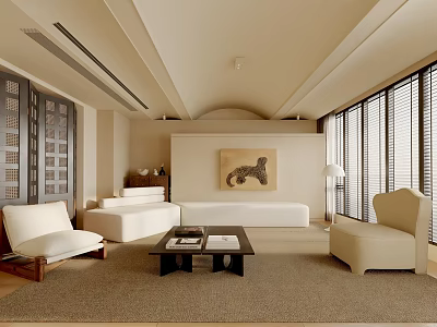 Living Room Interior Design with Beige Sofa Armchairs Dark Coffee Table Artwork and Window Blinds 3d model