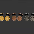 Intricate Sculpted Coin Carvings with Various Colors in Curved Arrangement