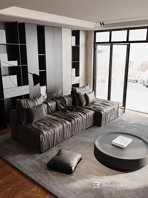 Modern Living Room Interior With Leather Sofa Large Windows And Decorative Shelves 3d model 