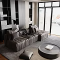 Modern Living Room Interior With Leather Sofa Large Windows And Decorative Shelves
