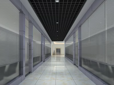 Modern Office Corridor with Black Grid Ceiling Tile Floor and Glass Partitions 3d model
