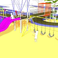 Kids Playground Design With Colorful Slide Swings Wooden Platform Sand And Water Features