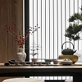 Chinese Style Tea Set With Wooden Table And Natural Elements By Window 3d model