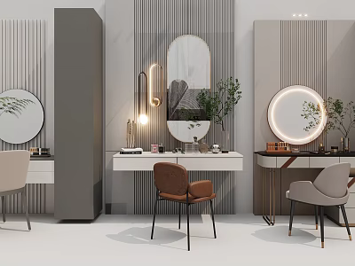 Modern Dressing Table with Round Mirror Wooden Chair Green Plants and Striped Wall 3d model