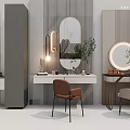 Modern Dressing Table with Round Mirror Wooden Chair Green Plants and Striped Wall