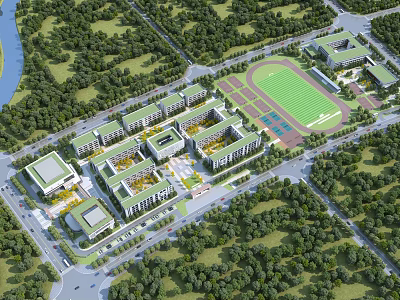 Modern School Buildings Complex With Green Spaces Surrounding Trees And Sports Track 3d model