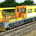Yellow And White Railway Utility Vehicle With Crane On Railway Tracks In Green Surroundings