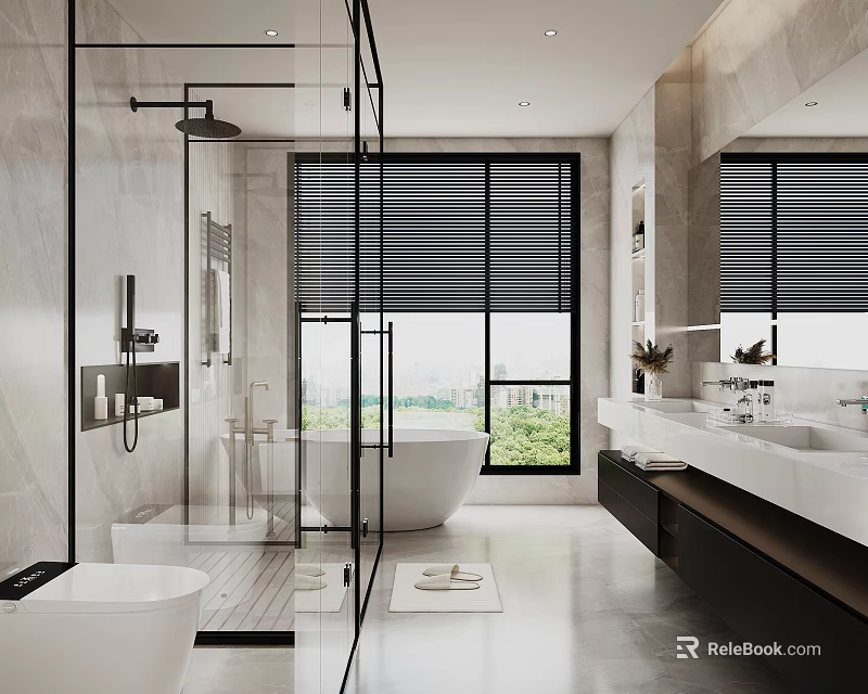 Modern Bathroom With Glass Shower Freestanding Bathtub Large Window Black Blinds Double Vanity Marble Walls 3d model 