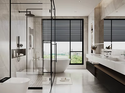 Modern Bathroom With Glass Shower Freestanding Bathtub Large Window Black Blinds Double Vanity Marble Walls 3d model