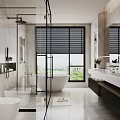Modern Bathroom With Glass Shower Freestanding Bathtub Large Window Black Blinds Double Vanity Marble Walls