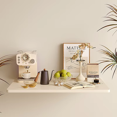 Decorative Accessories Set On Shelf With Coffee Machine Kettle Green Apples Vase And Plants 3d model