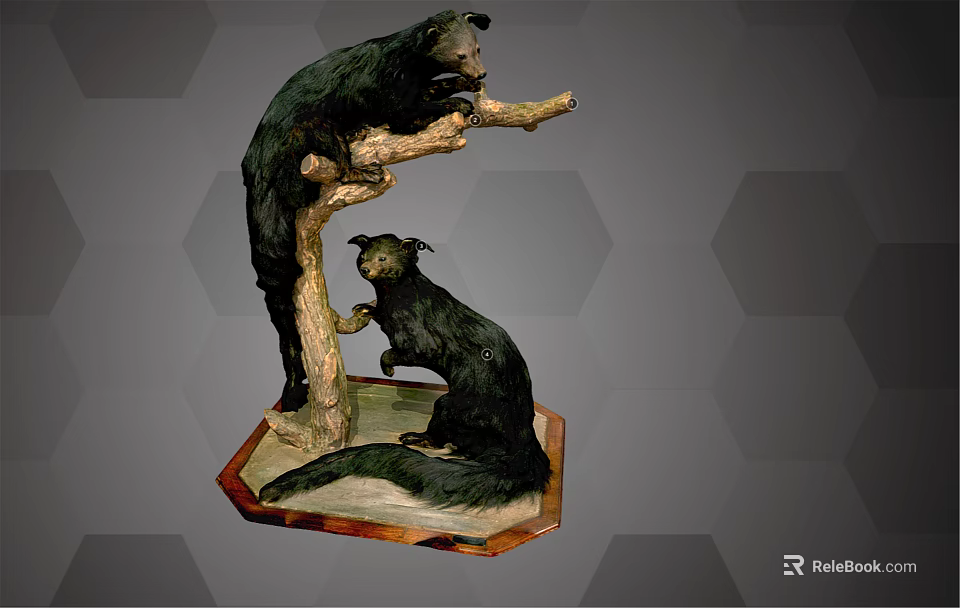 Two Black Reptiles Perched On Tree Branch With Decorative Hexagonal Base 3d model