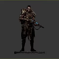 Warrior Character Model With Tattered Skeleton Armor Holding Blue Accent Weapon Standing On Round Base