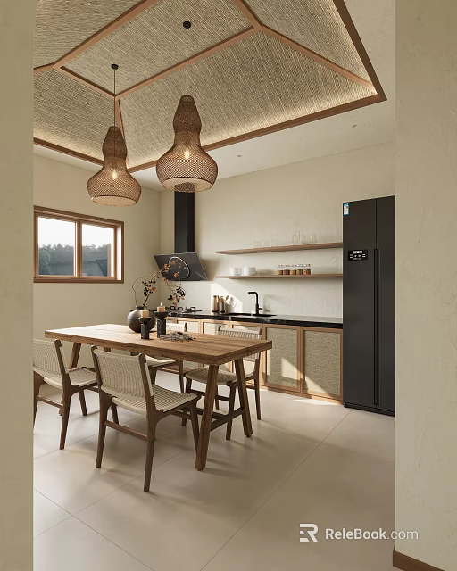 Warm Natural Kitchen Interior With Wooden Dining Table Rattan Pendant Lights And Black Refrigerator 3d model 