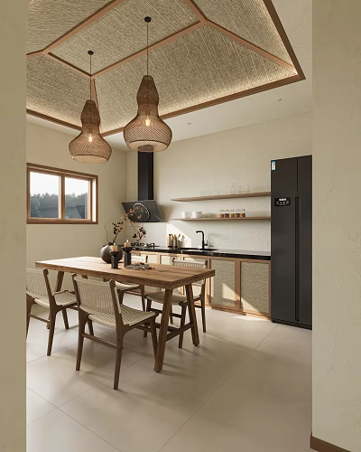 Warm Natural Kitchen Interior With Wooden Dining Table Rattan Pendant Lights And Black Refrigerator 3d model